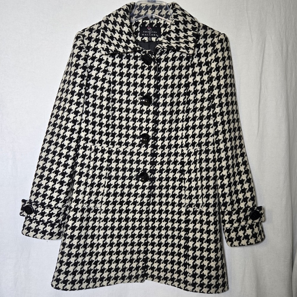 Collection by Gallery Womens M Wool Blend Hounds tooth Black Cream Coat 80% Wool